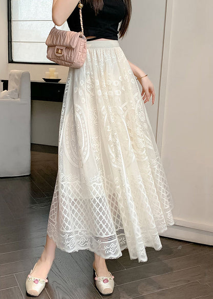 Fine Waist Summer Skirt Embroidered Lace Apricot Elastic