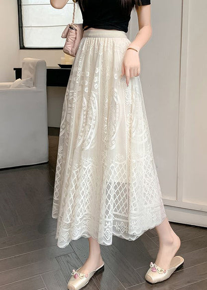 Fine Waist Summer Skirt Embroidered Lace Apricot Elastic