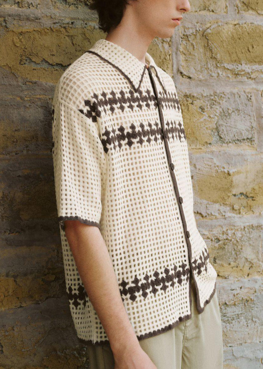 Men Apricot Shirt Knit Out Hollow Polo Fine Summer