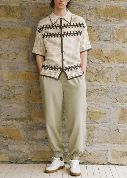 Men Apricot Shirt Knit Out Hollow Polo Fine Summer