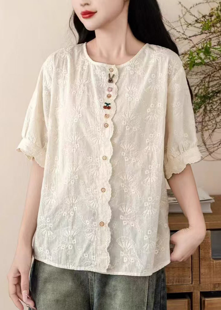 Beige Cotton Tops Fine Embroidered Shirt Summer