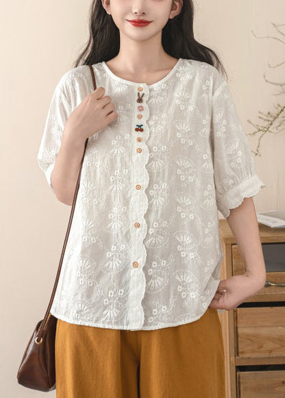 Beige Cotton Tops Fine Embroidered Shirt Summer