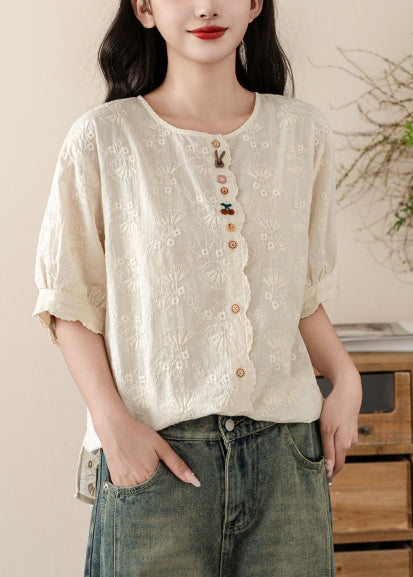 Beige Cotton Tops Fine Embroidered Shirt Summer