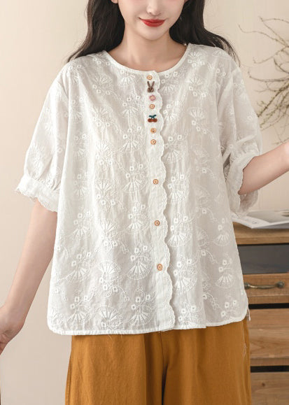 Beige Cotton Tops Fine Embroidered Shirt Summer