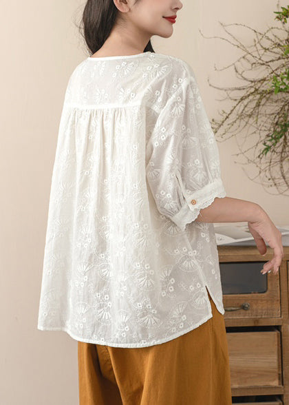 Beige Cotton Tops Fine Embroidered Shirt Summer