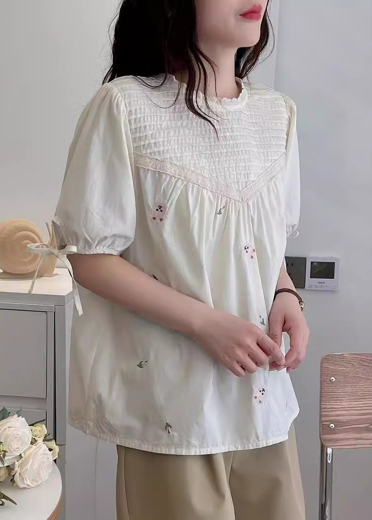 Beige Wrinkled Fine Shirt Summer Embroidered Cotton