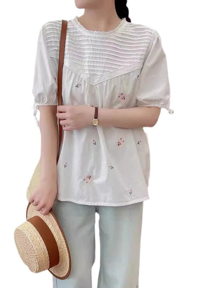 Beige Wrinkled Fine Shirt Summer Embroidered Cotton