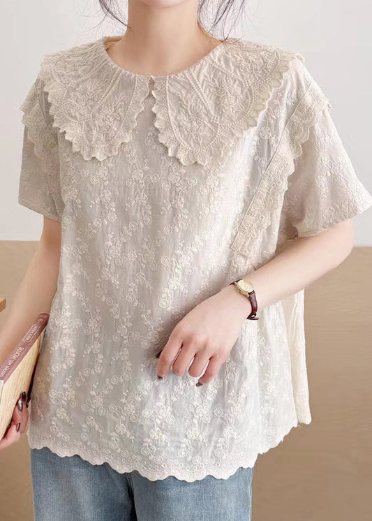 Top Summer Peter Collar Embroidered Cotton Beige Pan Fine
