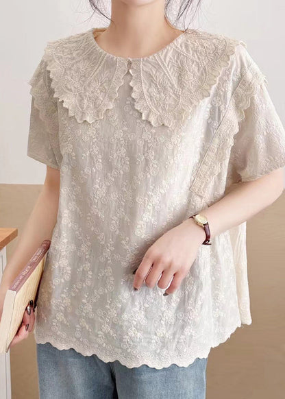 Top Summer Peter Collar Embroidered Cotton Beige Pan Fine