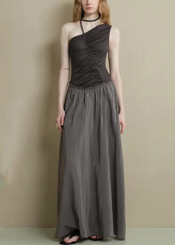 Knitting Asymmetrical Cotton Black Ruffled Patchwork Fine Long