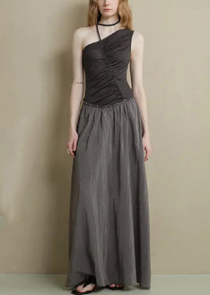 Knitting Asymmetrical Cotton Black Ruffled Patchwork Fine Long