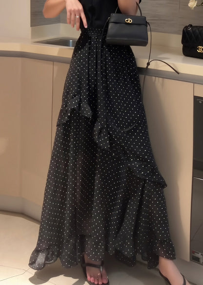 Side Black Fine Dot Chiffon Open Ruffled Summer Patchwork Skirt