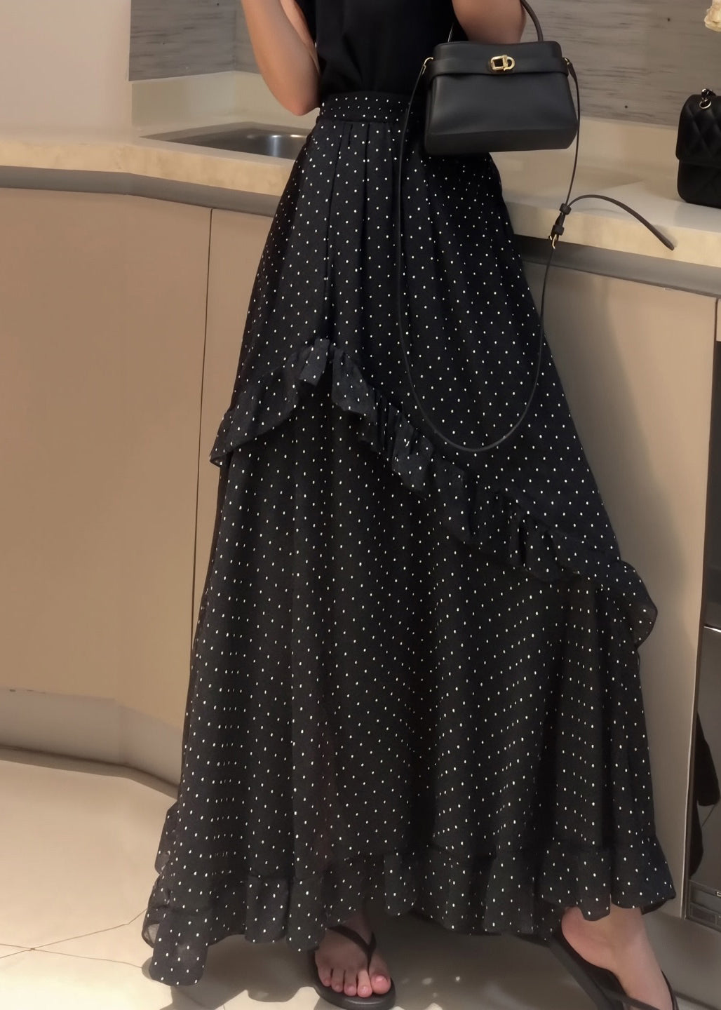 Side Black Fine Dot Chiffon Open Ruffled Summer Patchwork Skirt