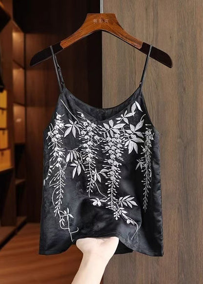 Strap Summer Spaghetti Vests Fine Silk Embroidered Black