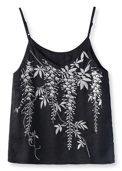 Strap Summer Spaghetti Vests Fine Silk Embroidered Black