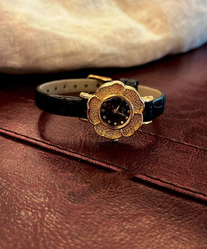 Leather Black Organic Glass Alloy Watches Quartz Fine Movement