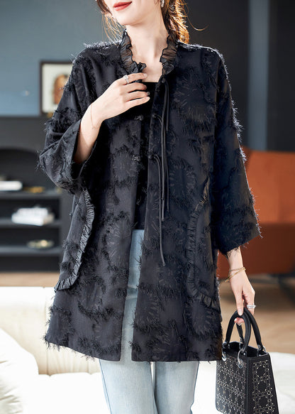 Spring Fine Patchwork Ruffled Black Button Coat