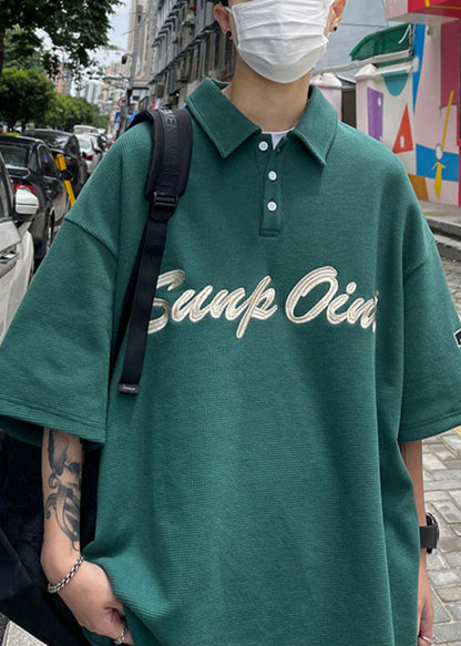 Blackish Fine Shirts Summer Letter Green Cotton Button Men Polo