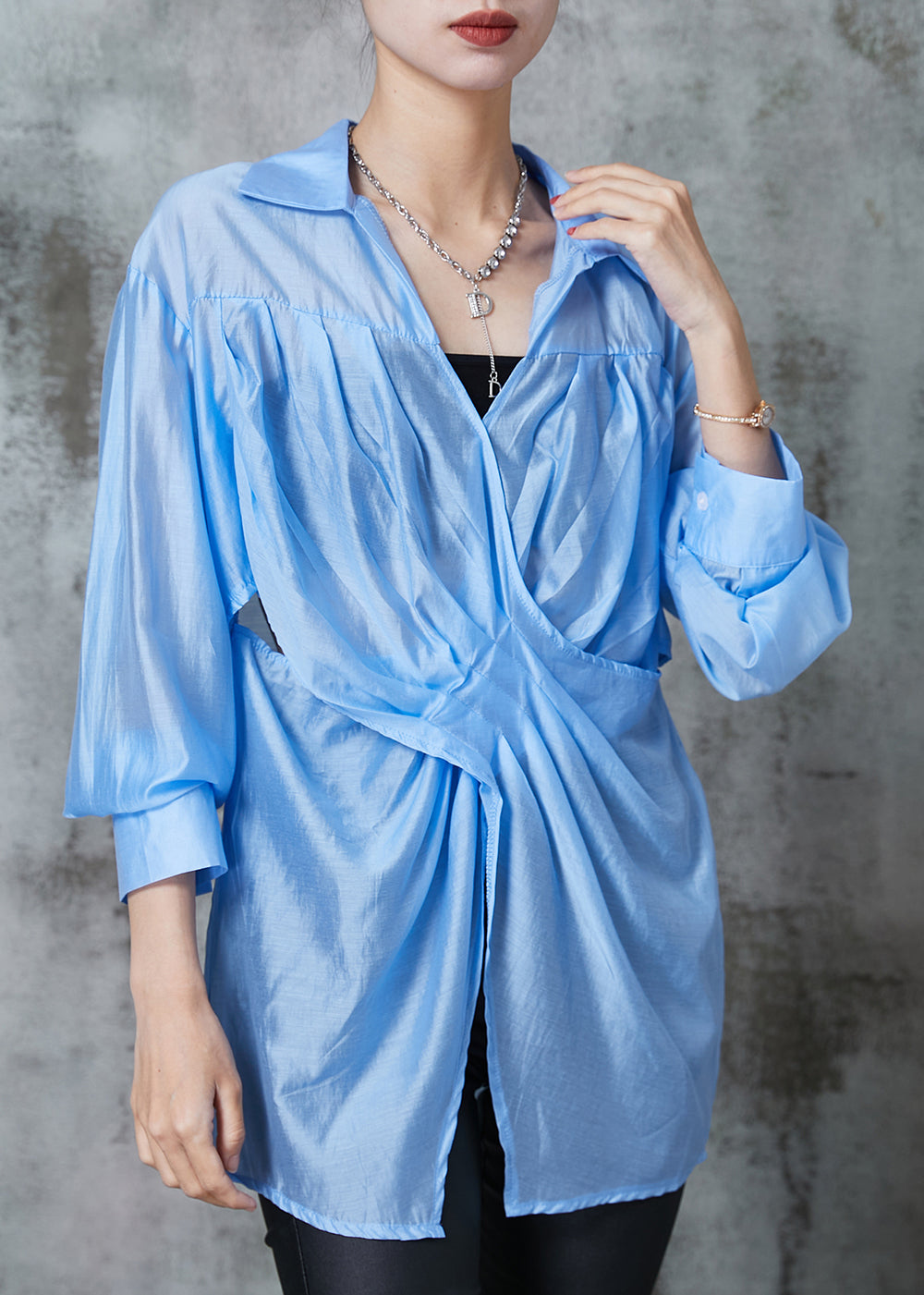 Fine Blue Asymmetrical Wrinkled Linen Blouse Top Summer AL1021