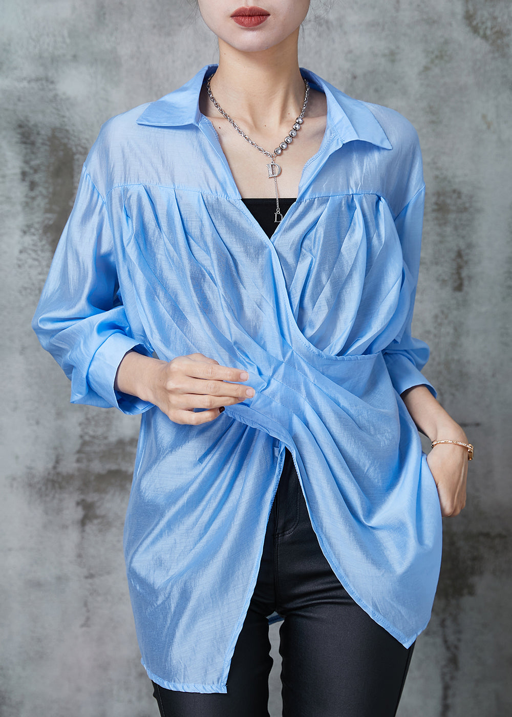 Fine Blue Asymmetrical Wrinkled Linen Blouse Top Summer AL1021