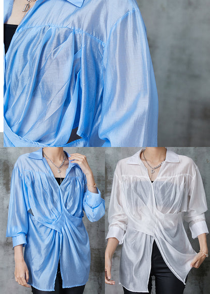 Fine Blue Asymmetrical Wrinkled Linen Blouse Top Summer AL1021