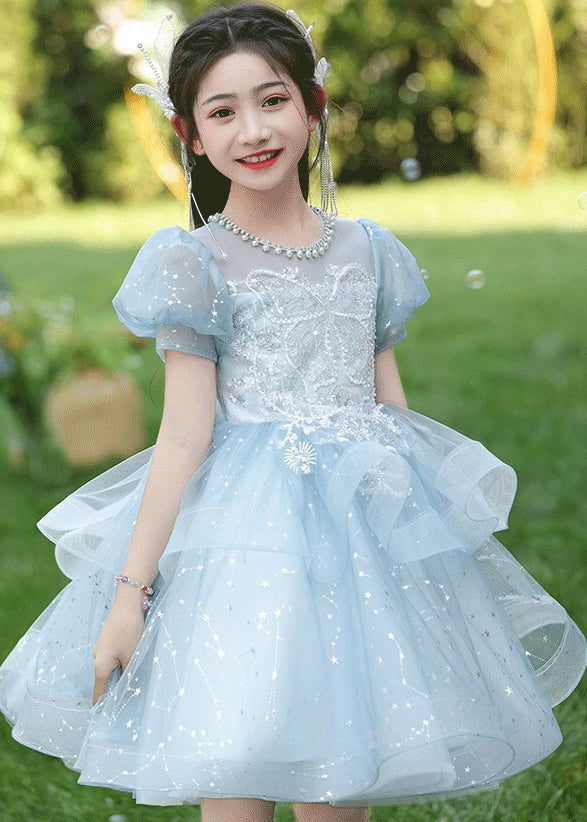 Robe longue d'été en tulle avec nœud en perles bleues pour filles QV008