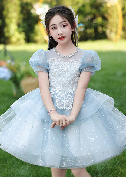 Robe longue d'été en tulle avec nœud en perles bleues pour filles QV008