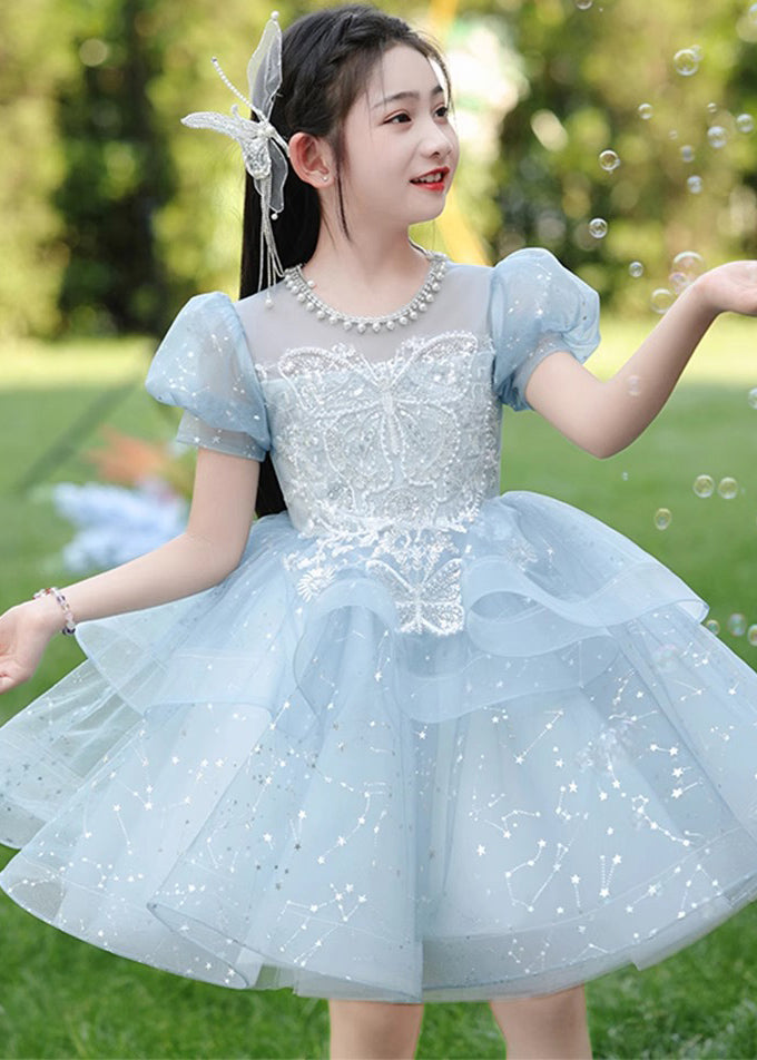 Robe longue d'été en tulle avec nœud en perles bleues pour filles QV008