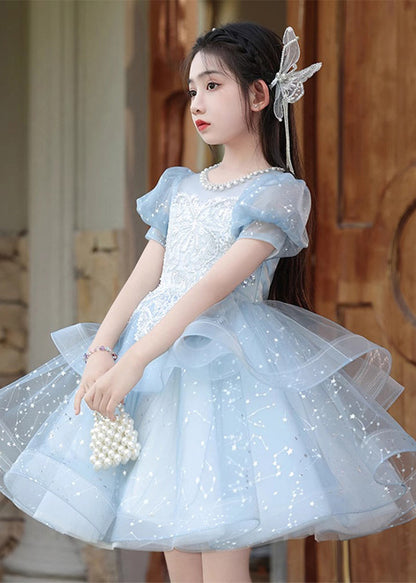 Robe longue d'été en tulle avec nœud en perles bleues pour filles QV008