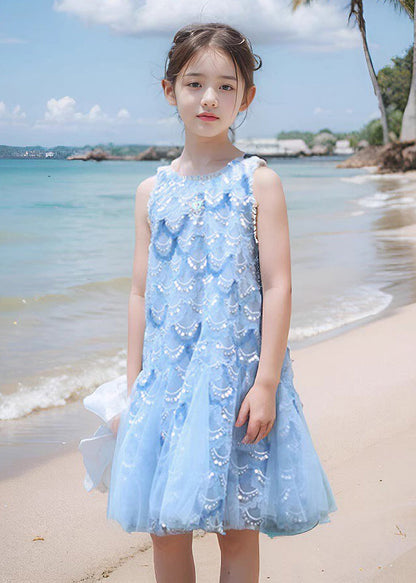 Robe longue en tulle à paillettes bleu marine à col rond pour fille sans manches EW003