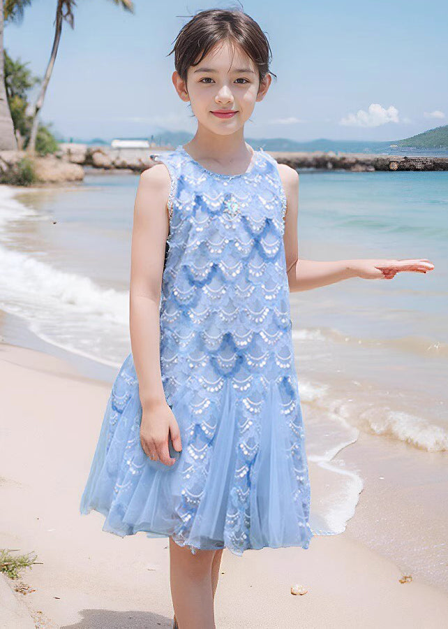 Robe longue en tulle à paillettes bleu marine à col rond pour fille sans manches EW003