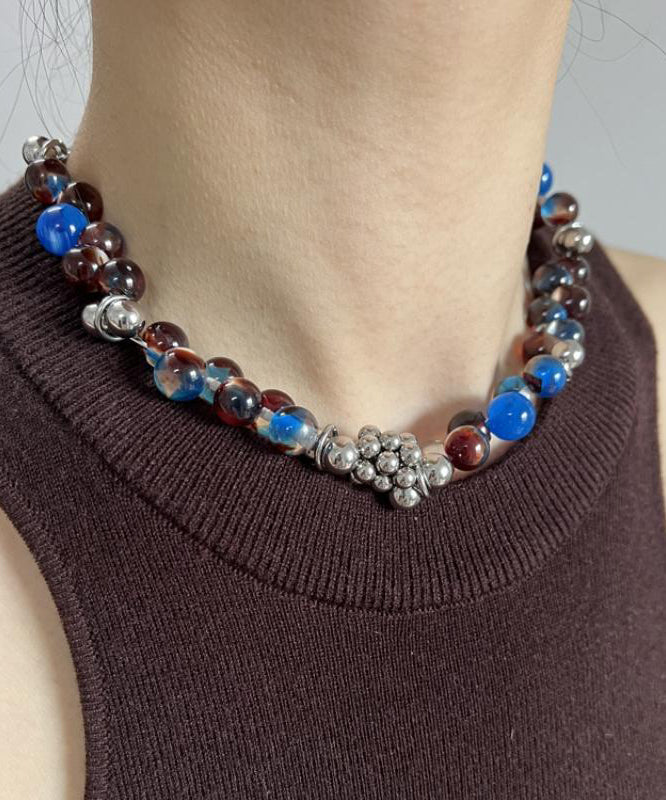 Collier en acier inoxydable et acrylique bleu fin WO016