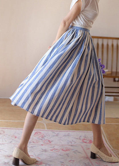 Skirt High Fine Blue Summer Striped Cotton Waist Wrinkled