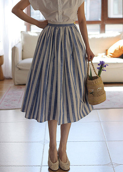 Skirt High Fine Blue Summer Striped Cotton Waist Wrinkled