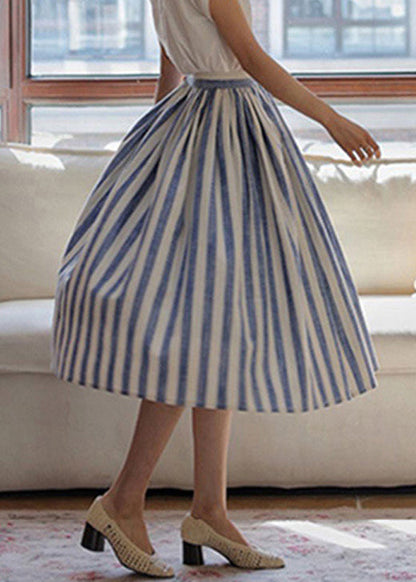 Skirt High Fine Blue Summer Striped Cotton Waist Wrinkled