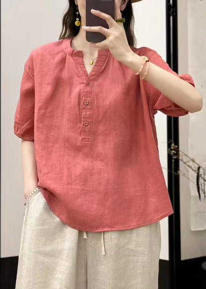 Summer V Linen Button Neck Blue Top Fine Solid