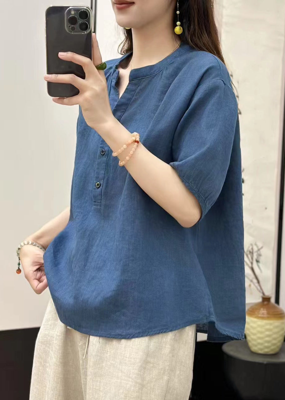 Summer V Linen Button Neck Blue Top Fine Solid
