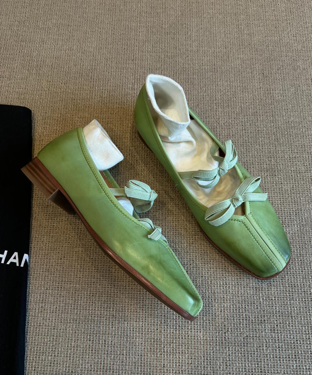 Splicing Green Fine Comfy Bow Sheepskin Flats