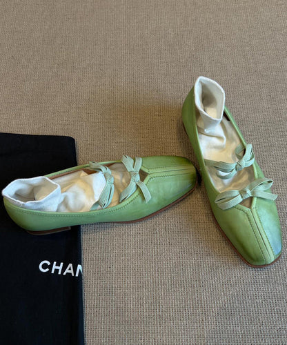 Splicing Green Fine Comfy Bow Sheepskin Flats