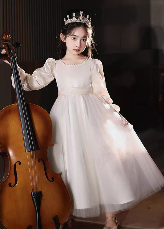 Robe longue en tulle à col carré et perles pour enfants, couleur champagne, manches bouffantes, QV004