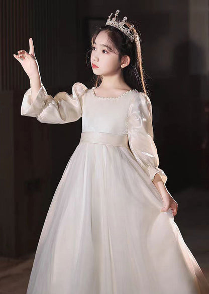 Robe longue en tulle à col carré et perles pour enfants, couleur champagne, manches bouffantes, QV004