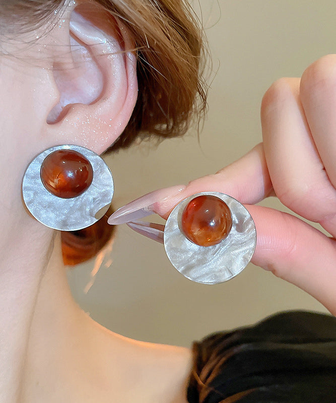 Fine Coffee Alloy Geometric Circle Resin Stud Earrings YZ011