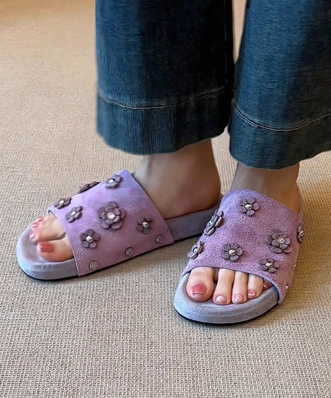 Fine Purple Peep Sandals Toe Slide Suede Splicing Floral