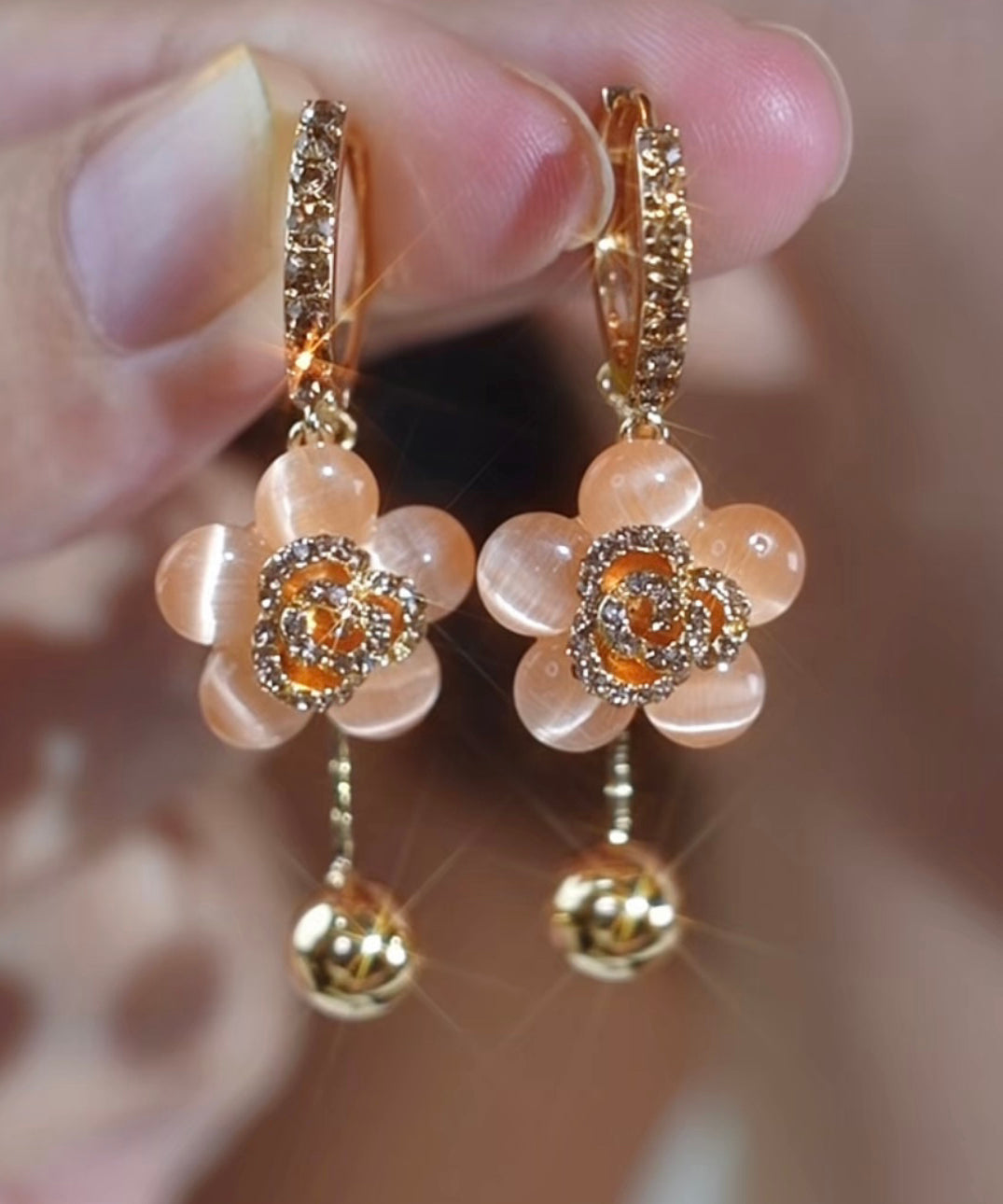 Fine Gold Alloy Zircon Cat Eye Stone Floral Drop Earrings TX026