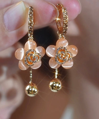 Fine Gold Alloy Zircon Cat Eye Stone Floral Drop Earrings TX026