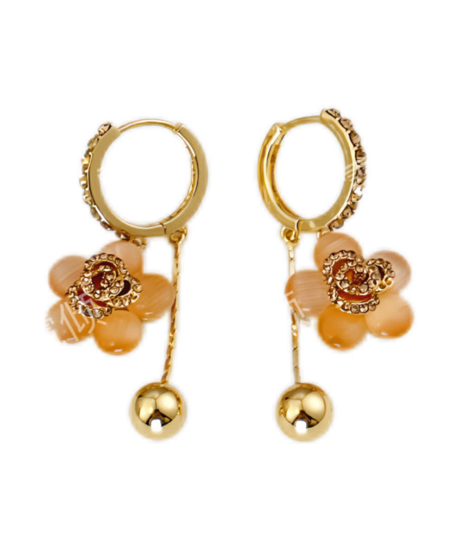 Fine Gold Alloy Zircon Cat Eye Stone Floral Drop Earrings TX026