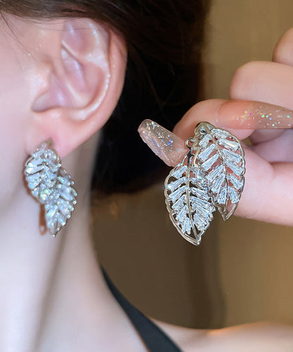 Gold Hollow Out Stud Leaf Earrings Zircon Fine Copper