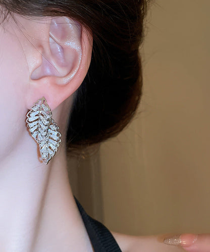 Gold Hollow Out Stud Leaf Earrings Zircon Fine Copper