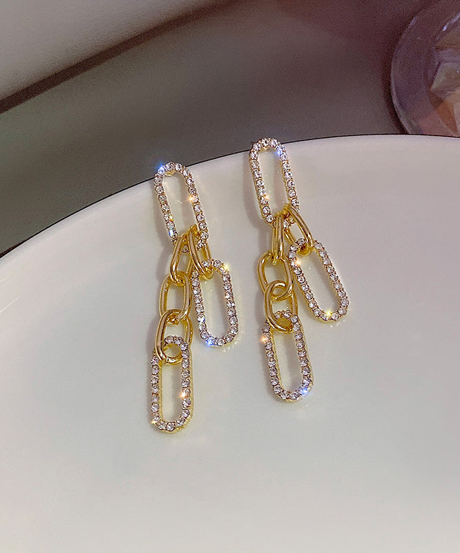 Fine Gold Sterling Silver Alloy Zircon Chain Tassel Drop Earrings QU051