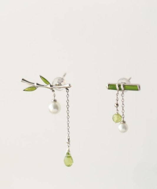 Silver Green Inlaid Bamboo Water Leaf Drop Fine Sterling Pearl